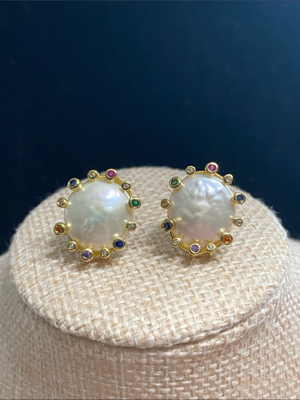 Gold Freshwater Pearl Stud Earrings with Multicolor Gem Accents